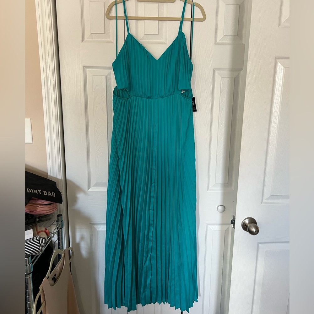 NWT Express Maxi Dress, Teal, Zipper Back, Adjustable Straps,  cut outs on side